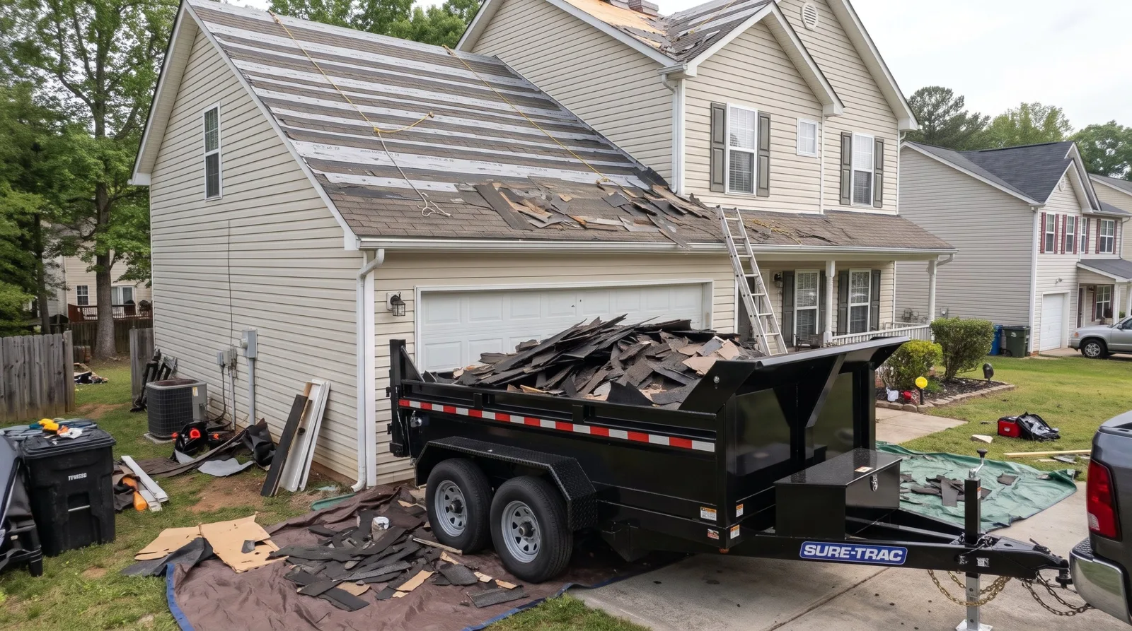 Roof tear-off loaded into an IronBay dump trailer in a driveway